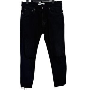 Zara Straight Leg Distressed High Rise Cropped Relax Fit Stretch Jeans  32 Black